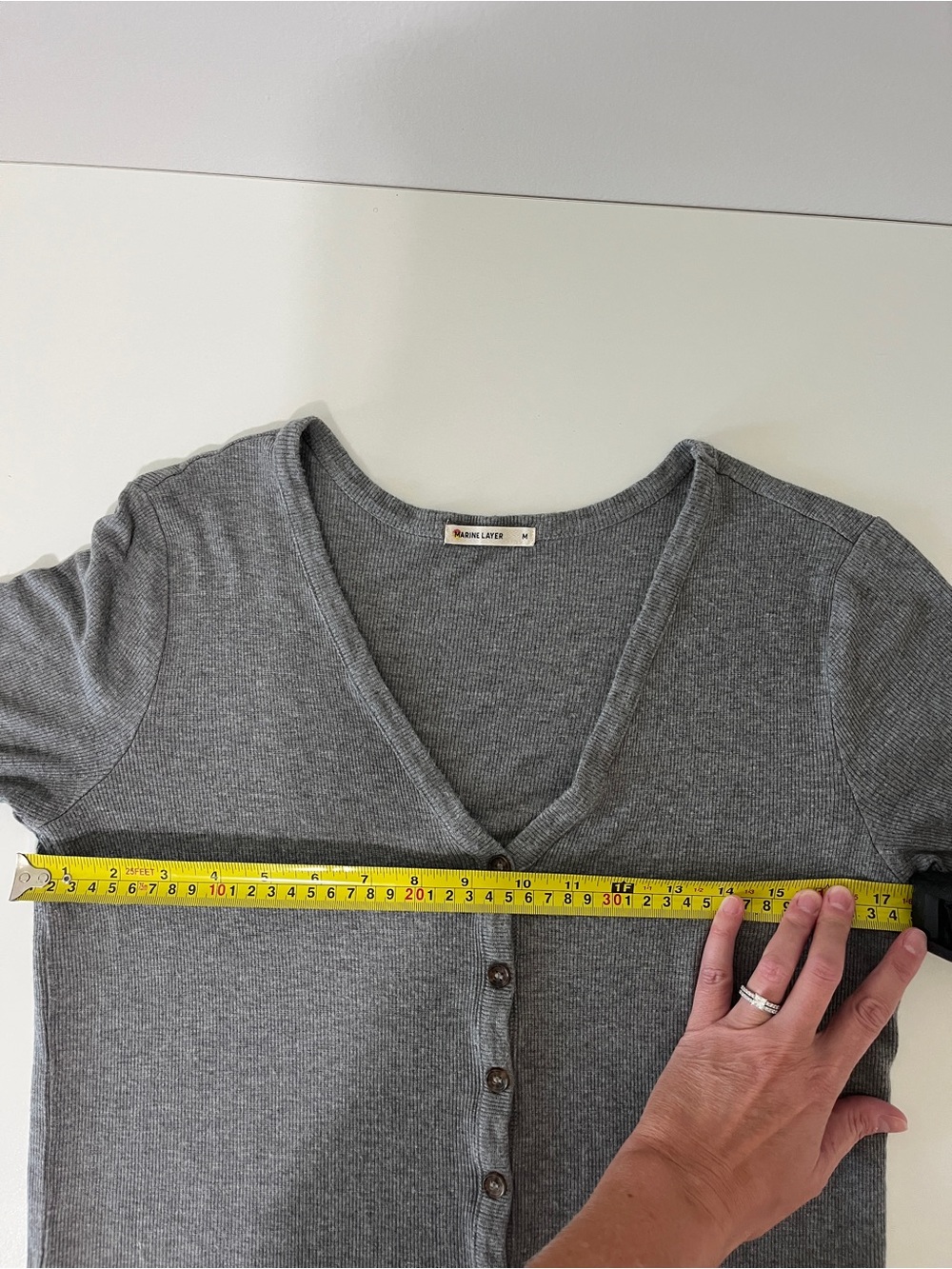 Marine Layer Womens Medium Gray Ribbed V Neck Button Front Short Sleeve Top - Picture 6 of 7